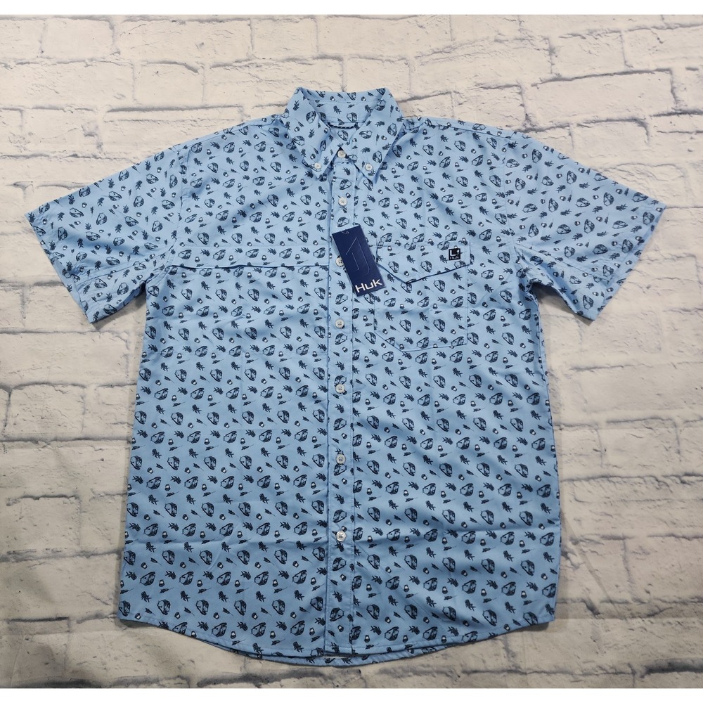 Huk Tide Point Shirt Mens S Blue Fish Taco Print Short Sleeve Button UPF 30